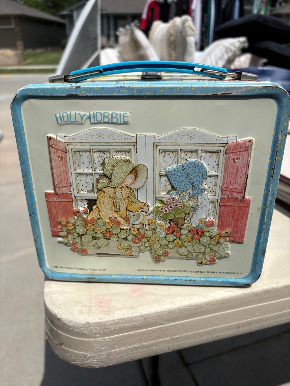 Holly Hobbie Blue Tin Lunchbox - Floral Window Scene